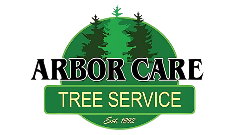 Arbor Care Tree Service logo with green trees and text on a white background