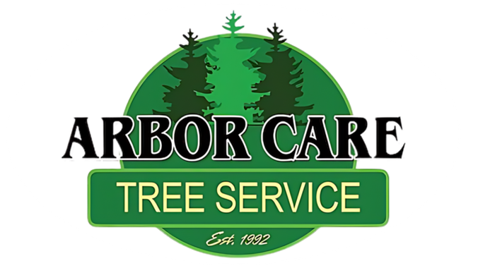 Arbor Care Tree Service logo with green trees and text on a white background