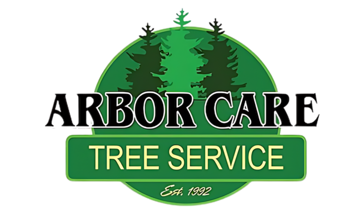 Arbor Care Tree Service logo with green trees and text on a white background