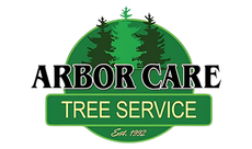 Arbor Care Tree Service logo with green trees and text on a white background
