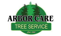 Arbor Care Tree Service logo with green trees and text on a white background
