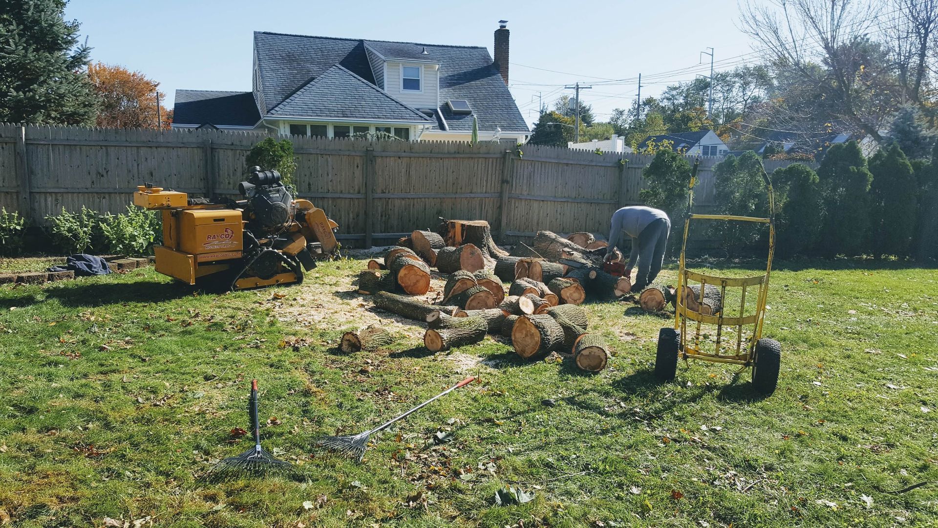 Person landscaping a sunny backyard with a pile of logs, tools, and garden equipment