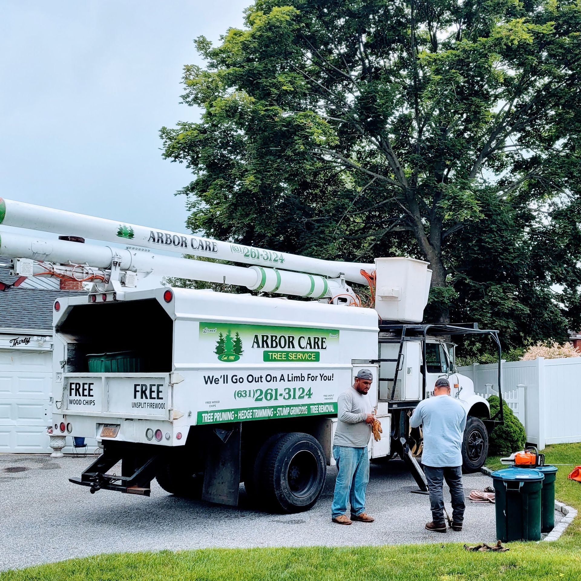 White tree-trimming truck with workers and equipment on a suburban street under a large tree