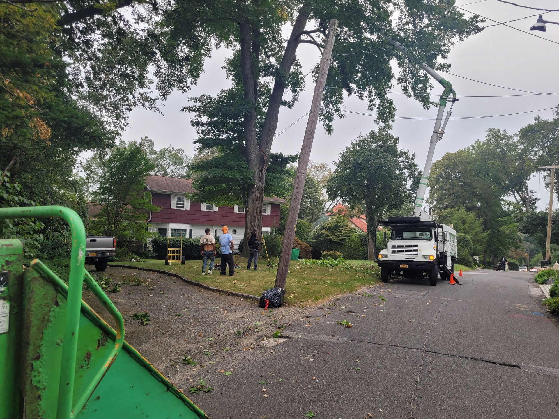 Tree-lined street with utility workers, white truck, and green equipment near houses.