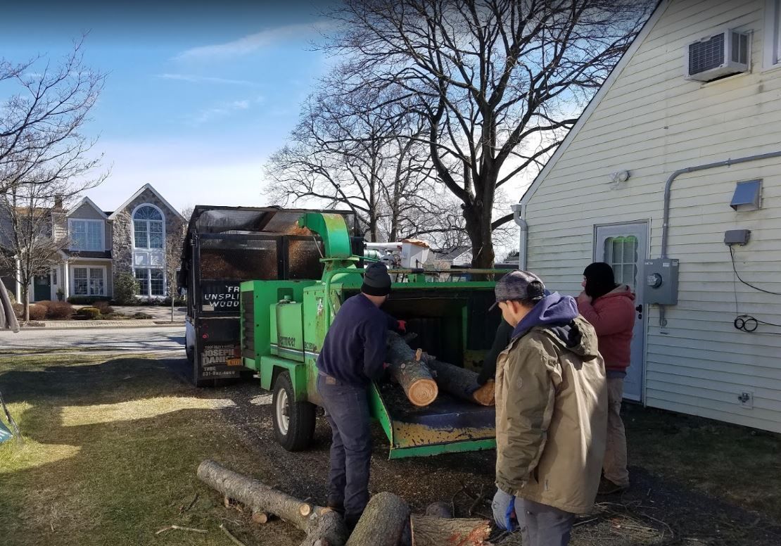 Workers load debris into a green trailer beside a white house on a sunny winter day.