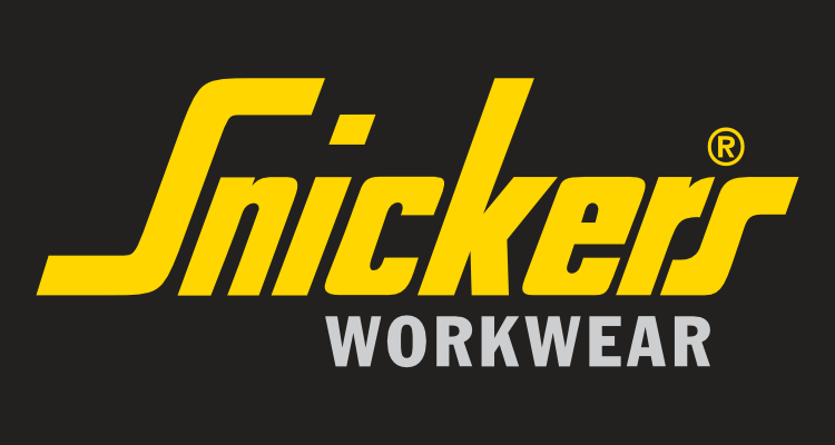 Logo Snickers Workwear in giallo e grigio su sfondo nero.