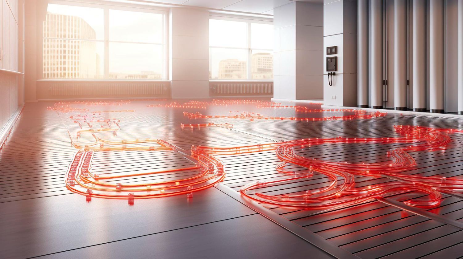 Red glowing floor light art in a bright modern room with windows and columns