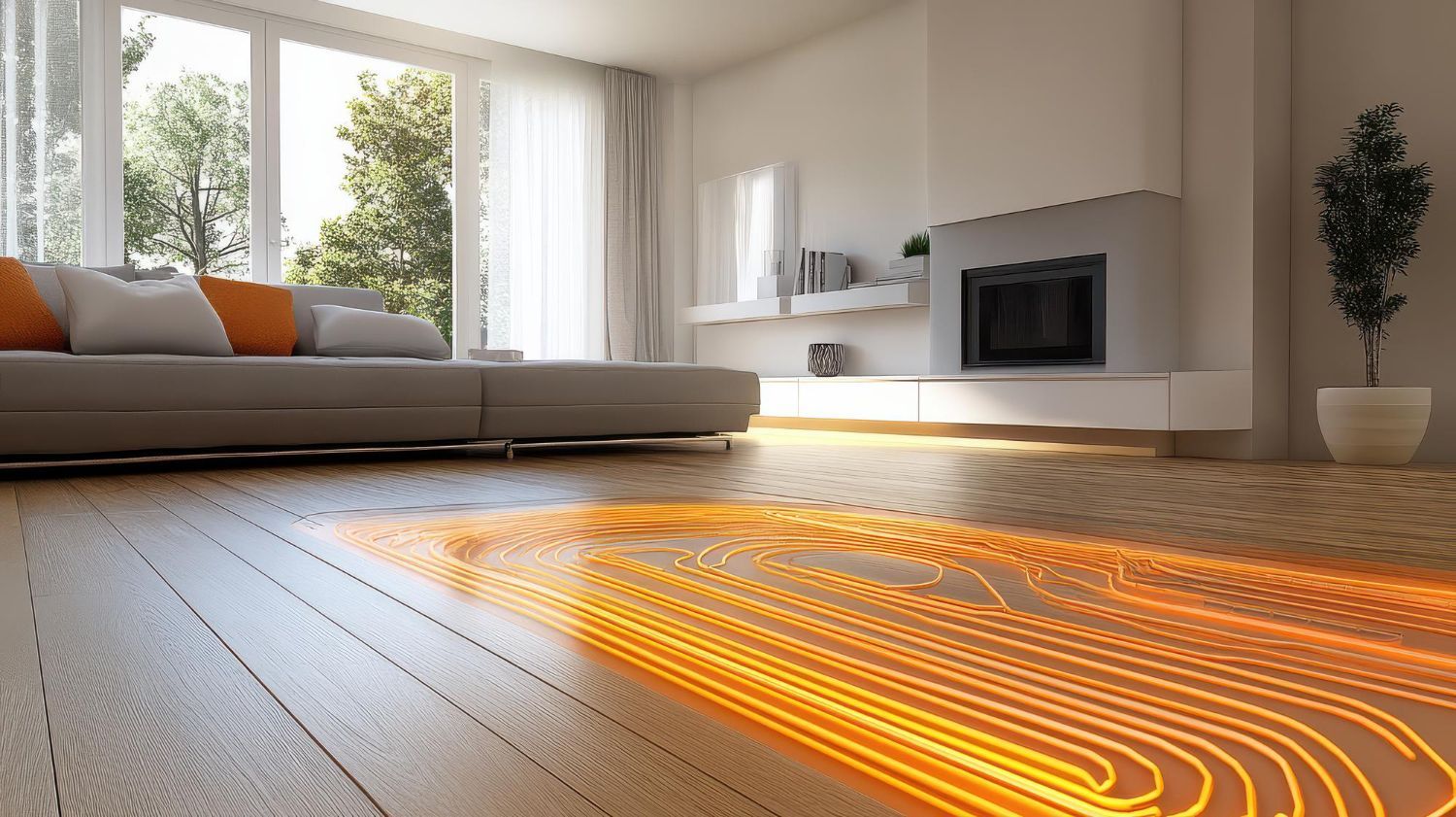 A living room with a wood floor featuring a glowing orange visualization of an underfloor heating system.