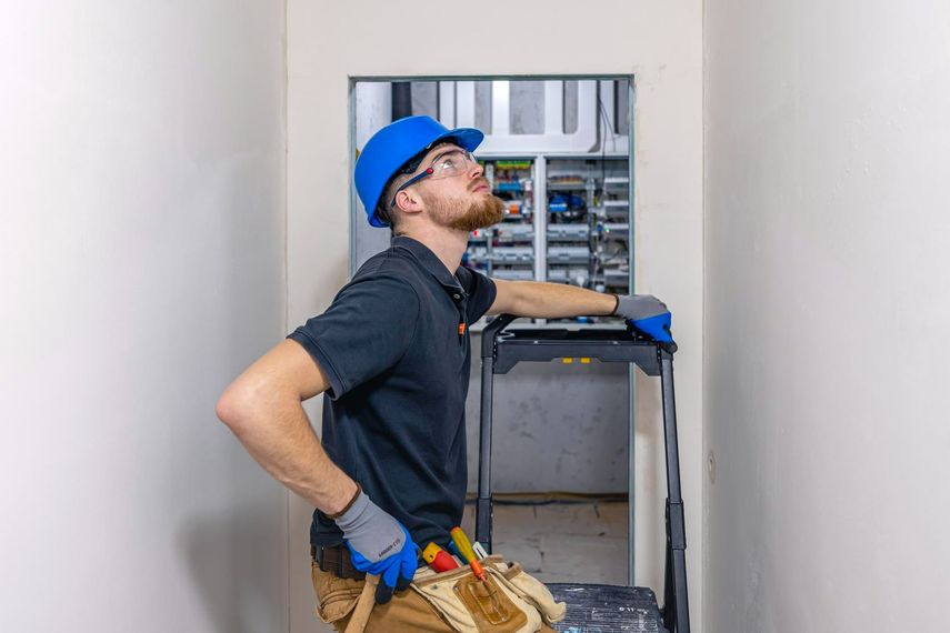 A man wearing a hard hat and safety glasses is working on an electrical panel.