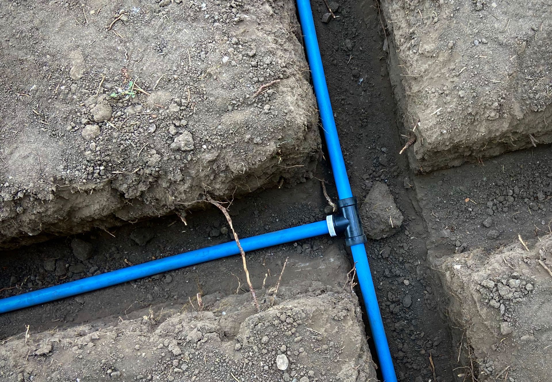 A blue pipe is laying in the dirt.