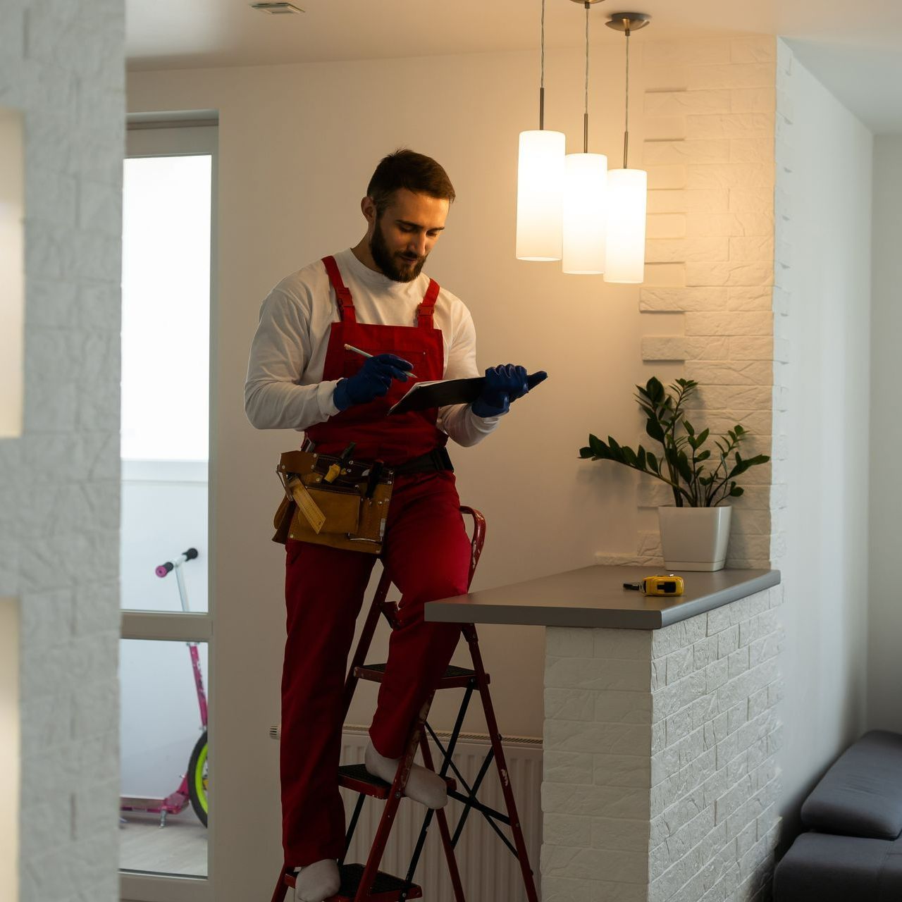 A man is standing on a ladder in a living room looking at a tablet.
