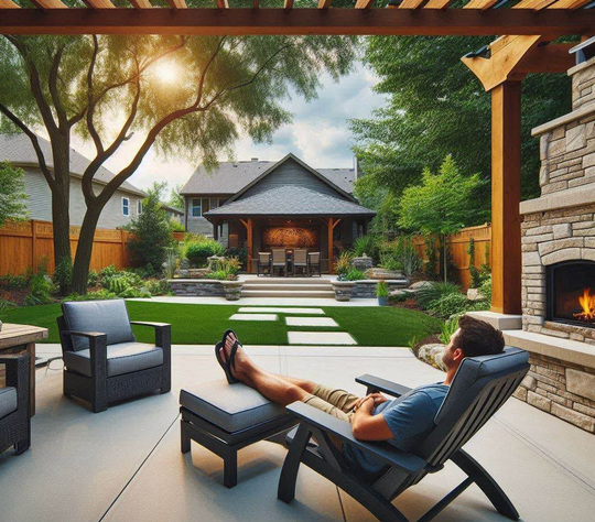 Backyard patio with a person reclining in a chair by a fire pit, facing a lawn and gazebo at sunset
