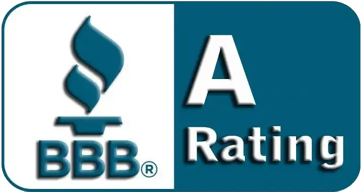 BBB A rating logo in blue and white with flame icon and bold letter A