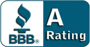 BBB A rating logo in blue and white with flame icon and bold letter A