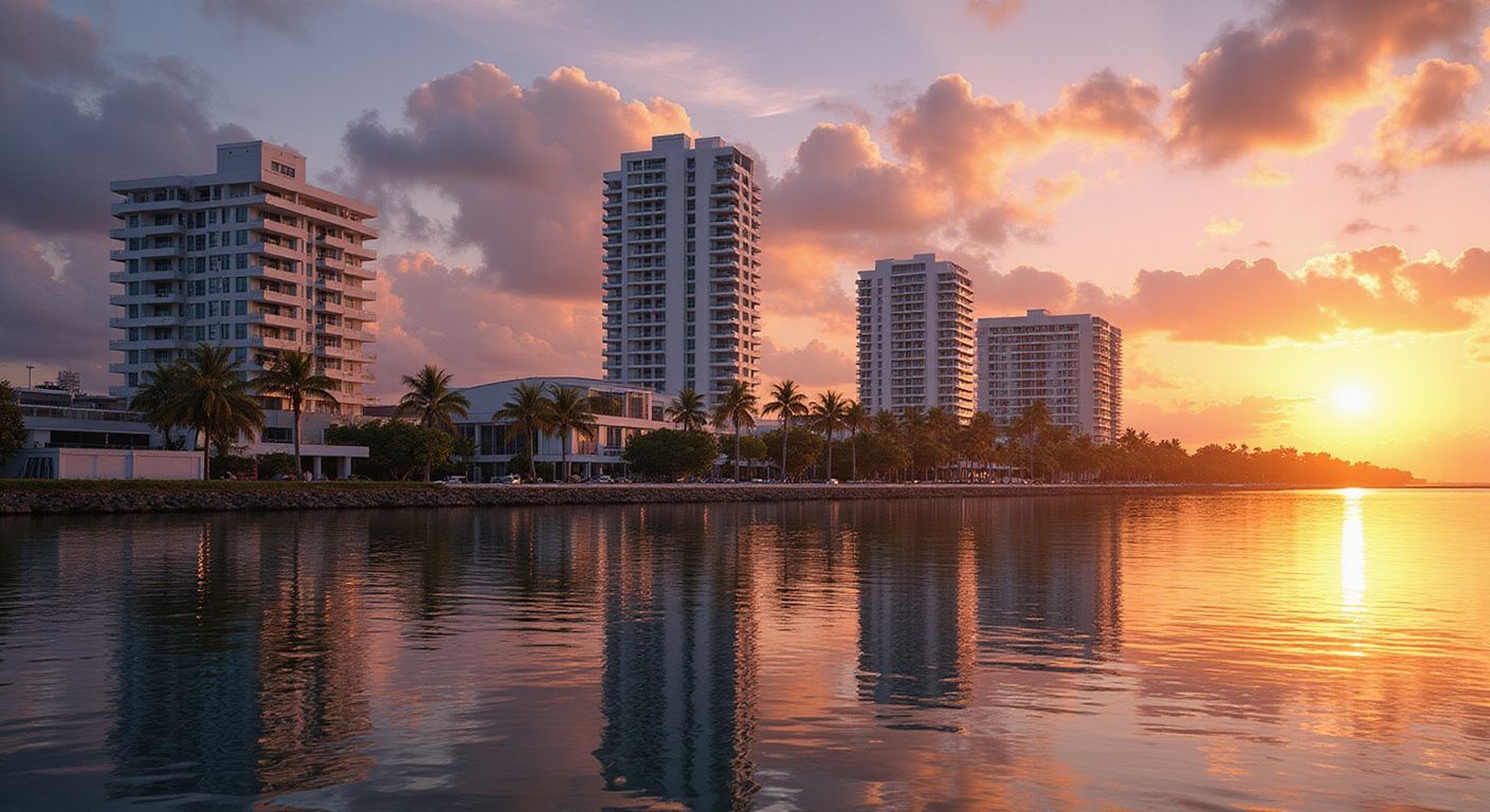 High-rise waterfront apartments reflect on calm water under a vibrant, orange-toned sunset sky.