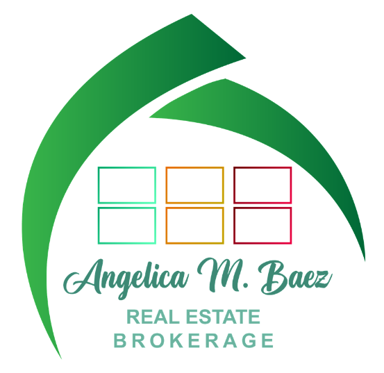 Angelica M. Baez Real Estate Brokerage logo with green swoosh and pastel window icons