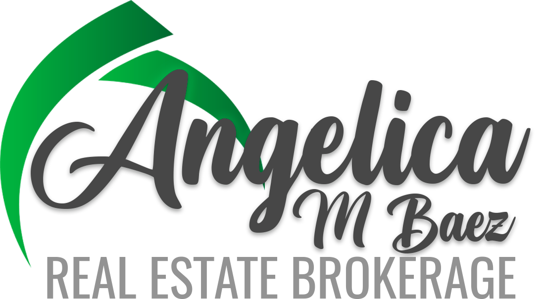 Logo for Angelica M Baez Real Estate Brokerage featuring a green swoosh above the text on a white background.