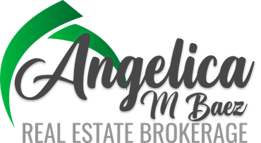 Logo for Angelica M Baez Real Estate Brokerage featuring a green swoosh above the text on a white background.