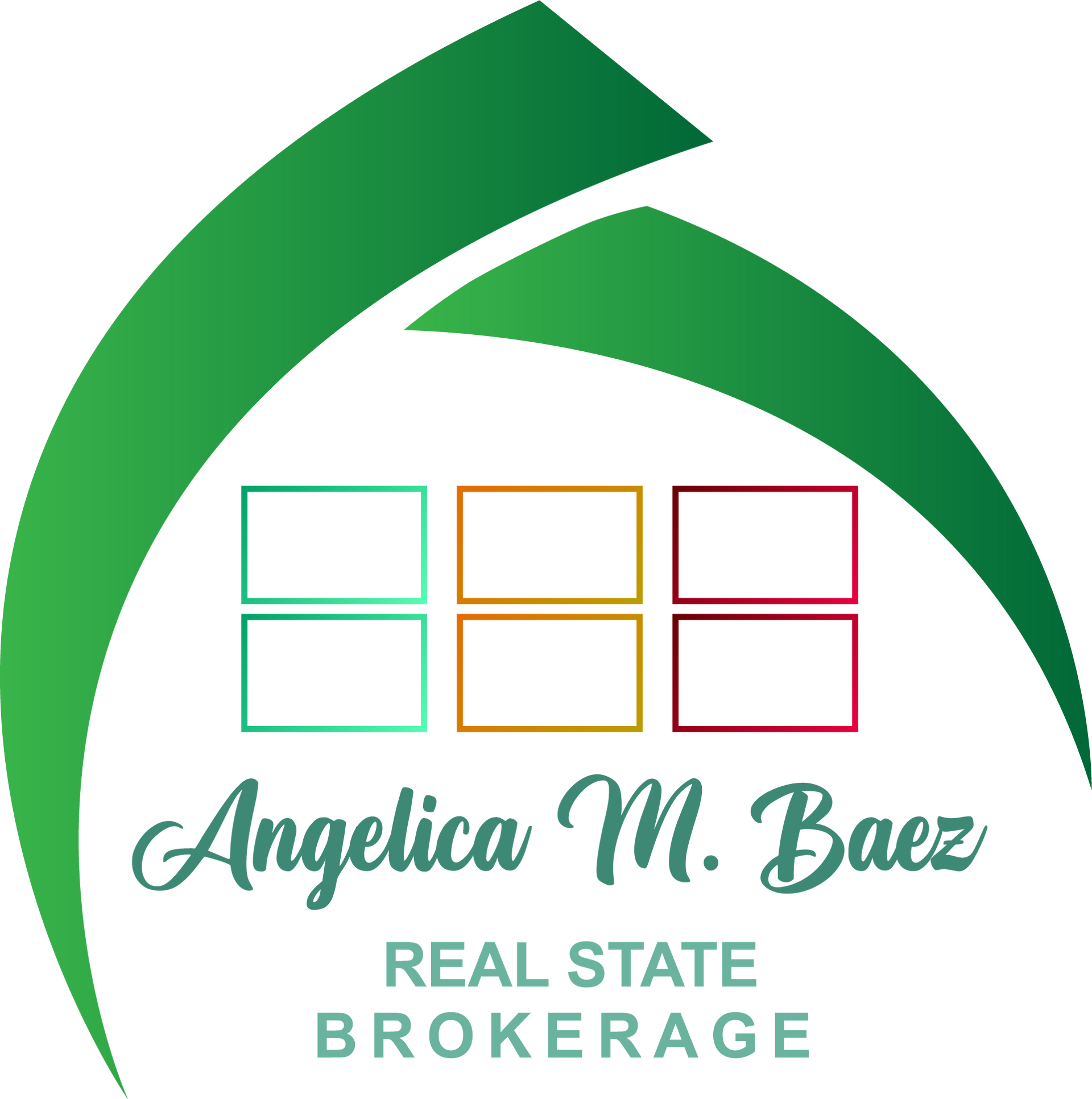 Logo for Angelica M Baez Real Estate Brokerage featuring a green swoosh above the text on a white background.
