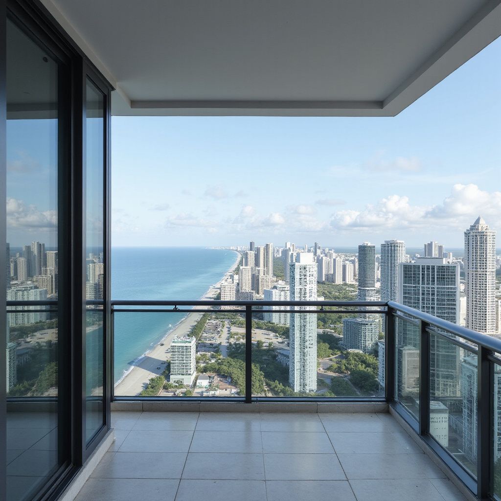 A high-rise balcony looking out over a coastal city with skyscrapers and a beach bordering the ocean under a clear sky.