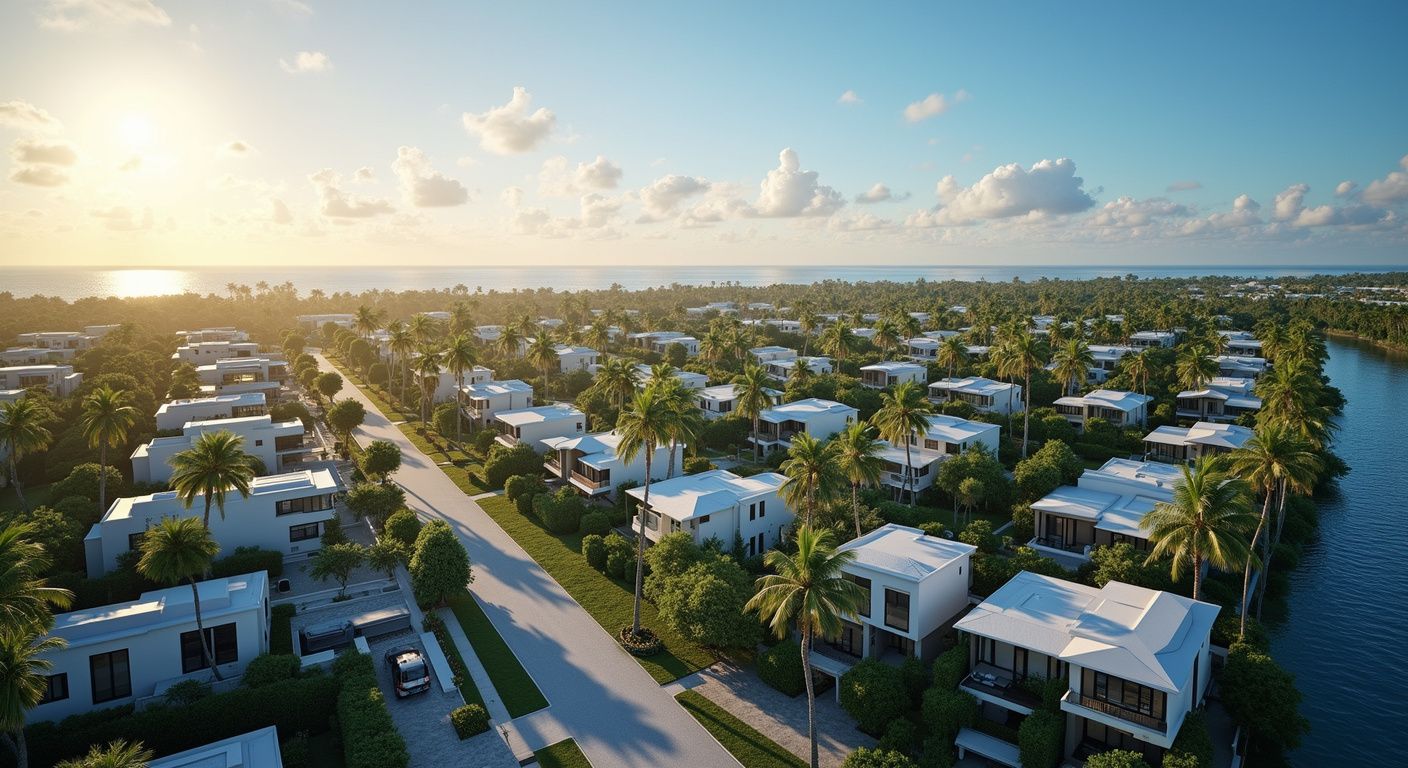 Aerial view of a coastal residential community with white villas, lush palm trees, and a road at sunset.