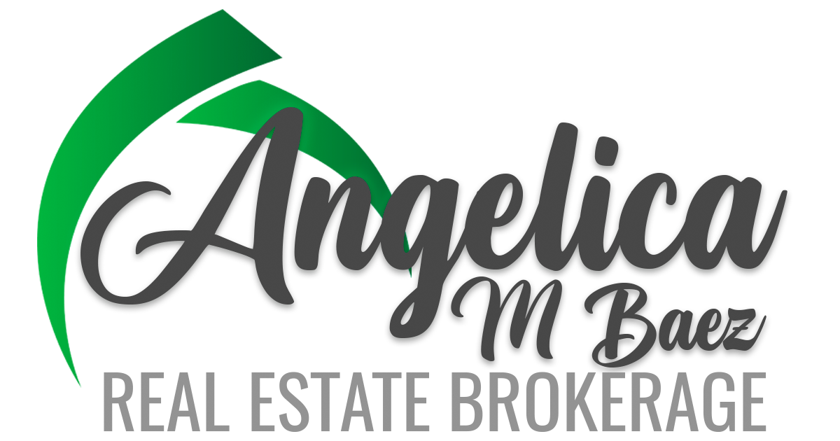 Logo for Angelica M Baez Real Estate Brokerage featuring green graphic lines over stylized dark gray text.