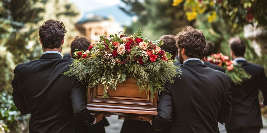 Mourners in black carry a flower-covered coffin at an outdoor funeral procession