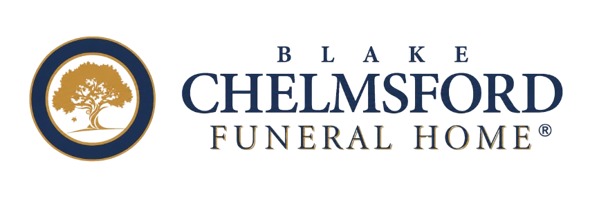 Blake Chelmsford Funeral Home logo with gold tree emblem and navy text on white background