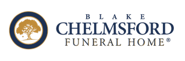 Blake Chelmsford Funeral Home logo with gold tree emblem and navy text on white background