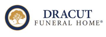 Dracut Funeral Home logo with gold tree emblem and blue text on a white background