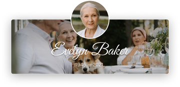 Memorial banner with portrait of Evelyn Baker over a wedding reception photo background, dated 1944–2024