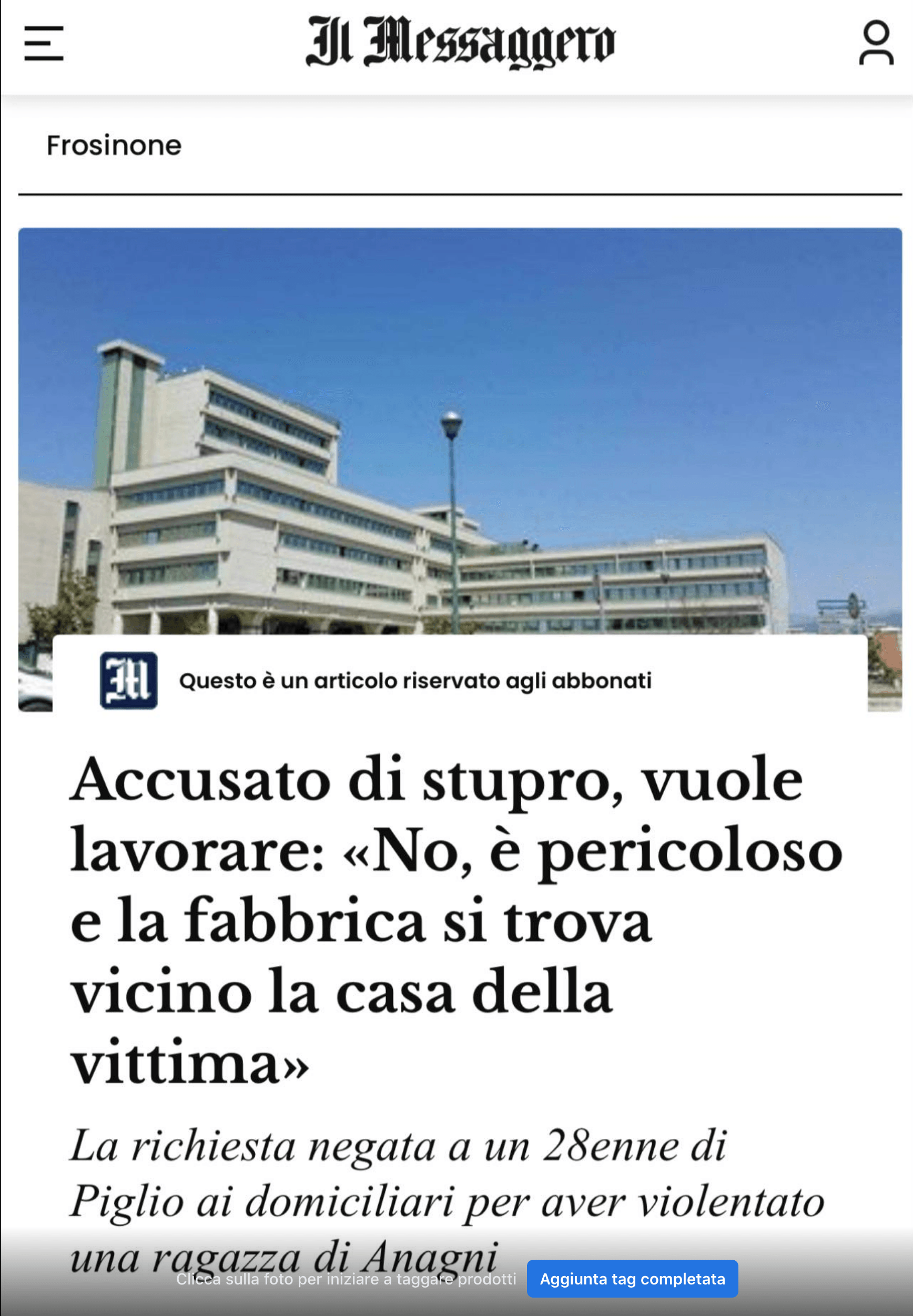 Articolo di giornale Il Messaggero Accusato di stupro, vuole lavorare.