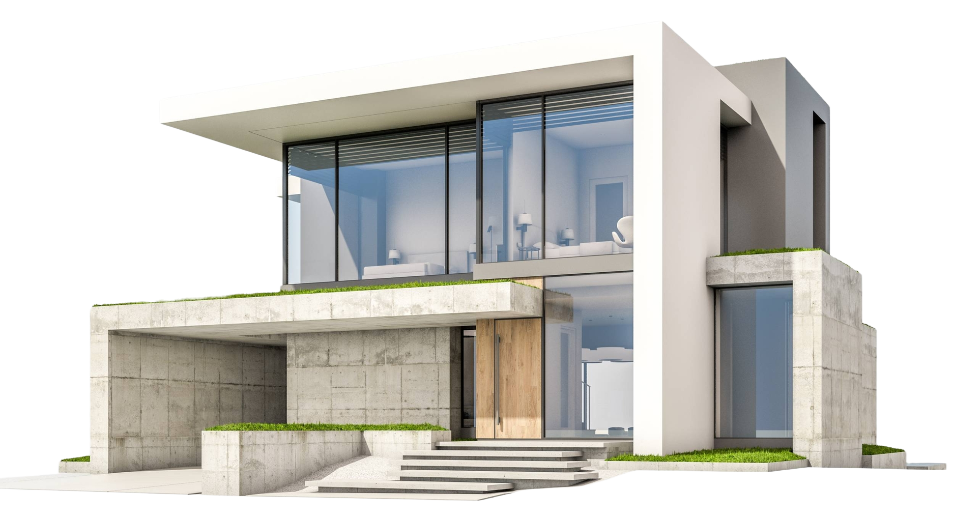 Modern two-story concrete and glass house exterior with minimalist geometric design and large windows