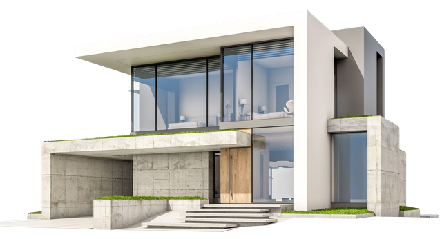 Modern minimalist two-story house with glass walls, concrete panels, and a flat roof.