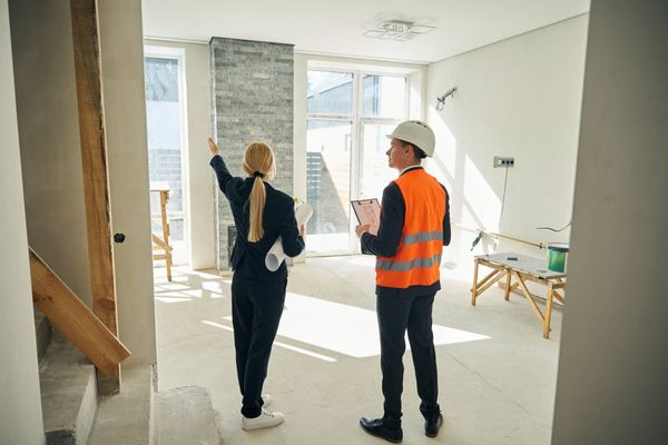 Two workers in hard hats inspect a sunlit room under renovation.