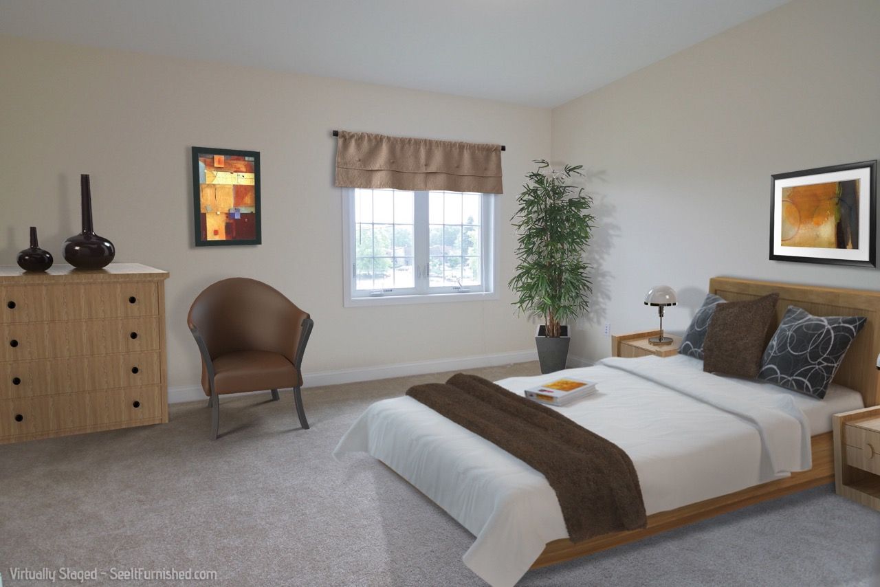 Furnished apartment bedroom with a bed, dresser, chair, and window.