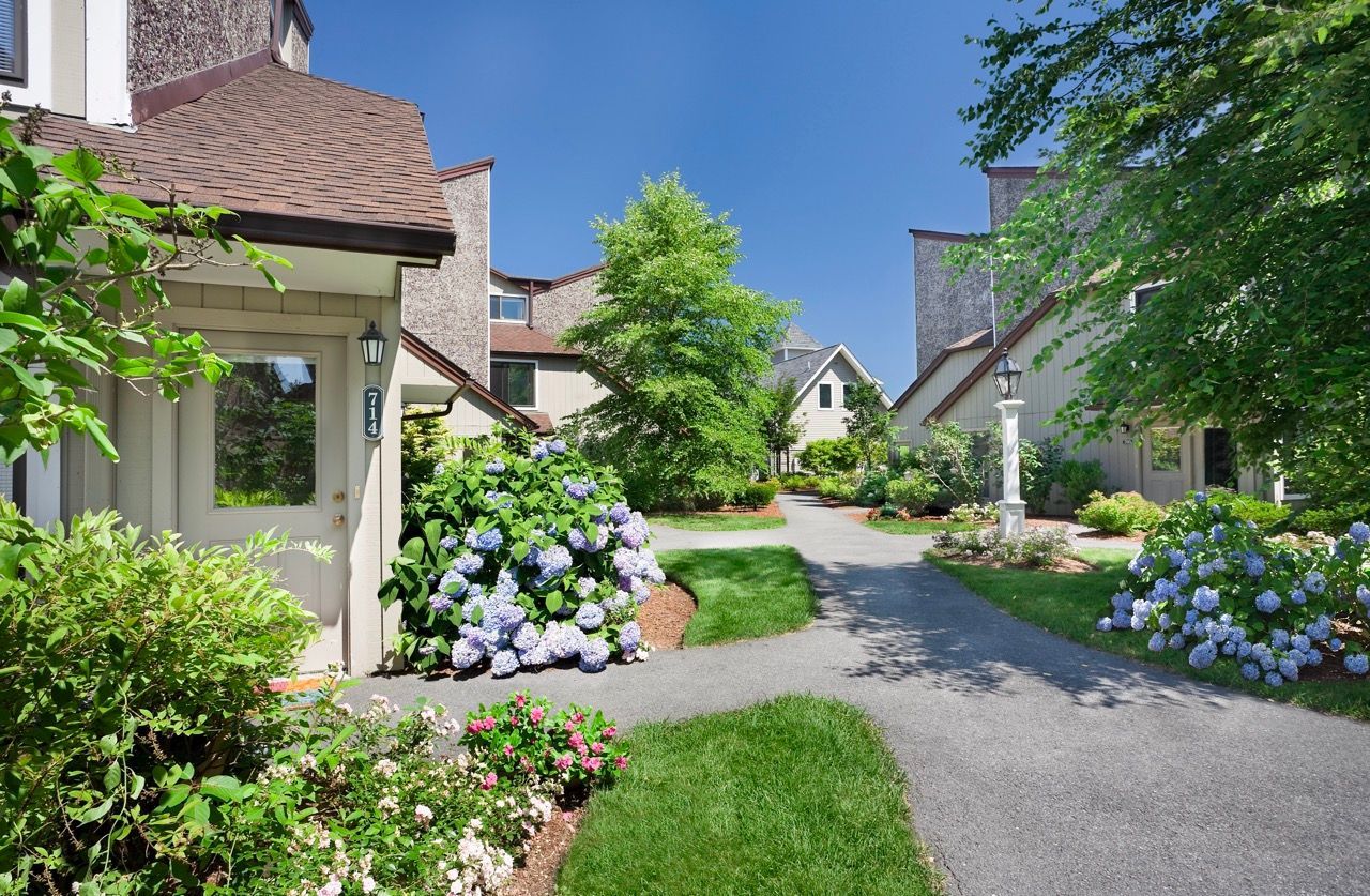 Pathway through a landscaped apartment community with hydrangeas and townhome-style buildings.