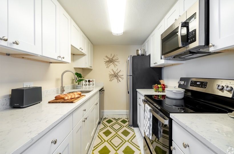 Bright galley kitchen with white cabinets, stainless steel appliances, sink, and a green diamond-pattern rug.