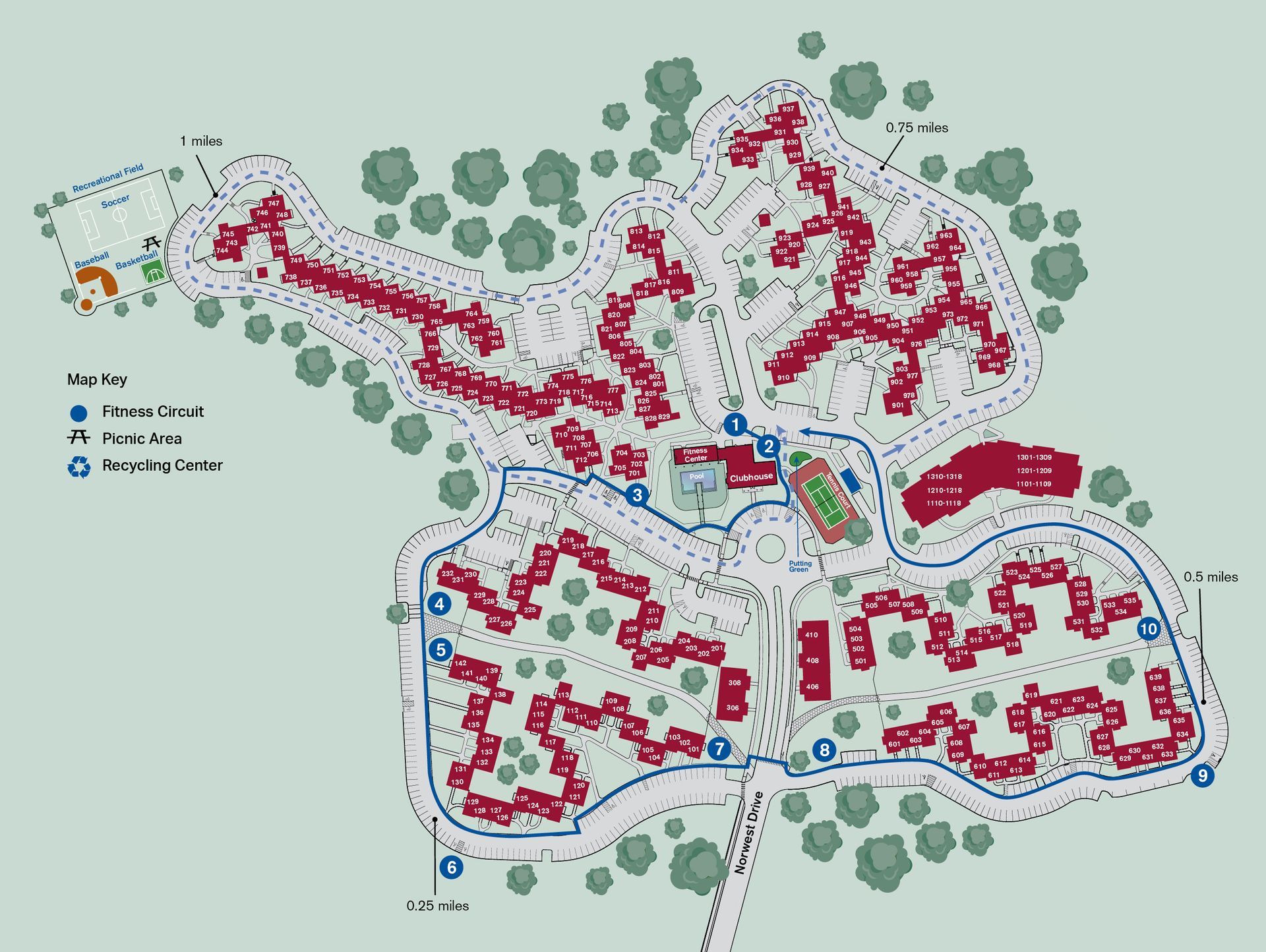 Top-down site map with red routes, blue icons, and green trees on a light background.