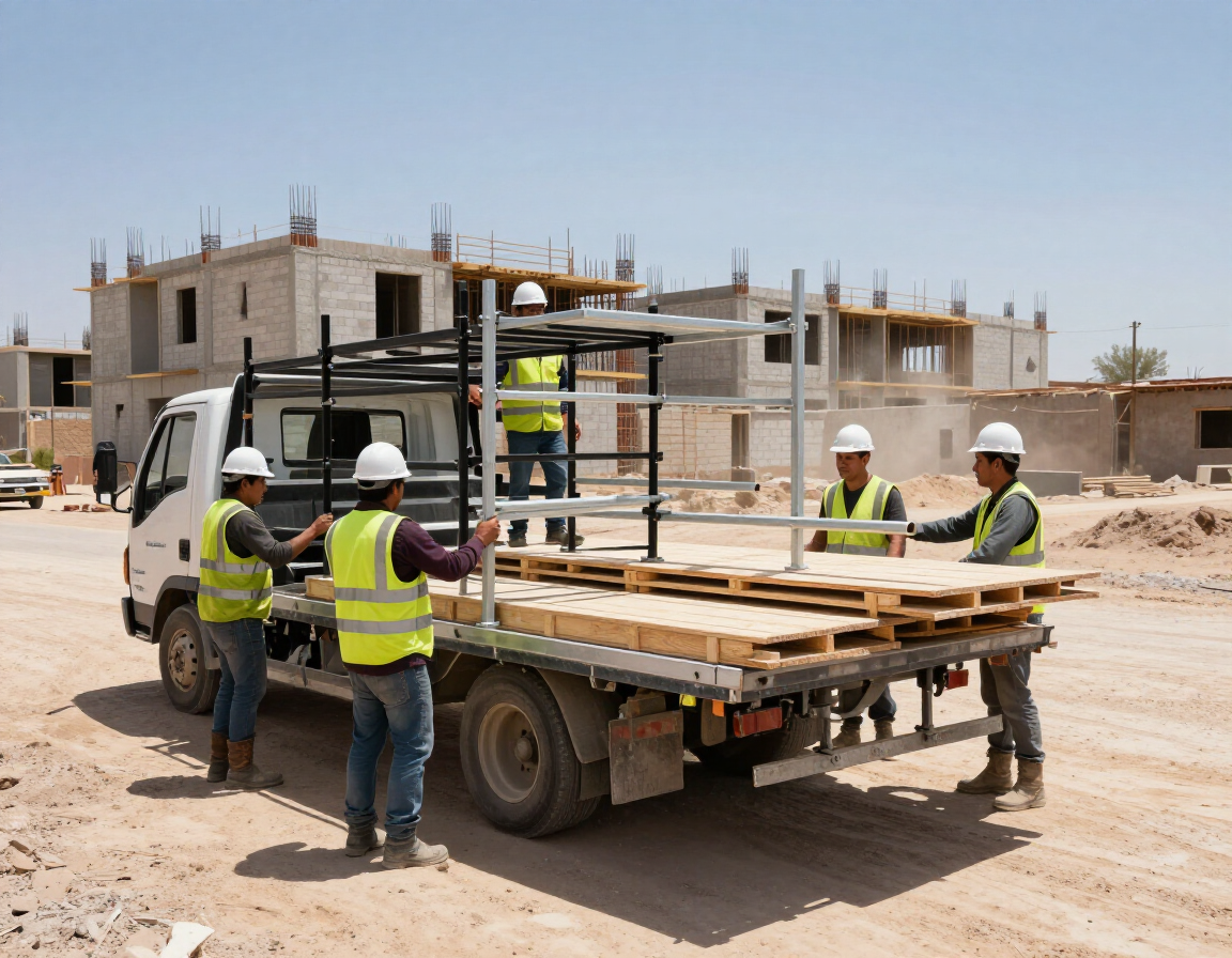Equipo preparando andamios para entrega en obra
