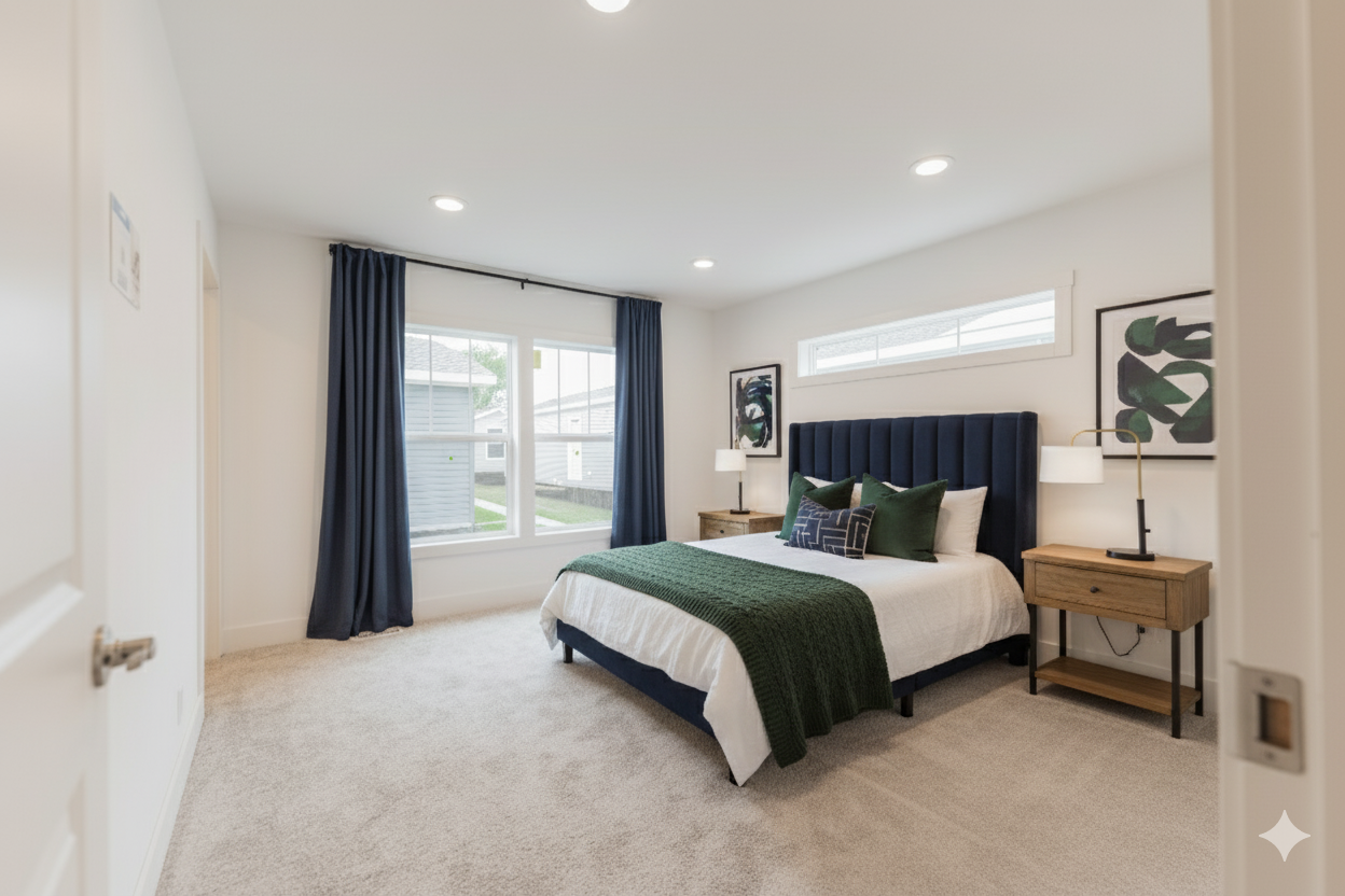 image of a nice master bedroom with green and blue colors