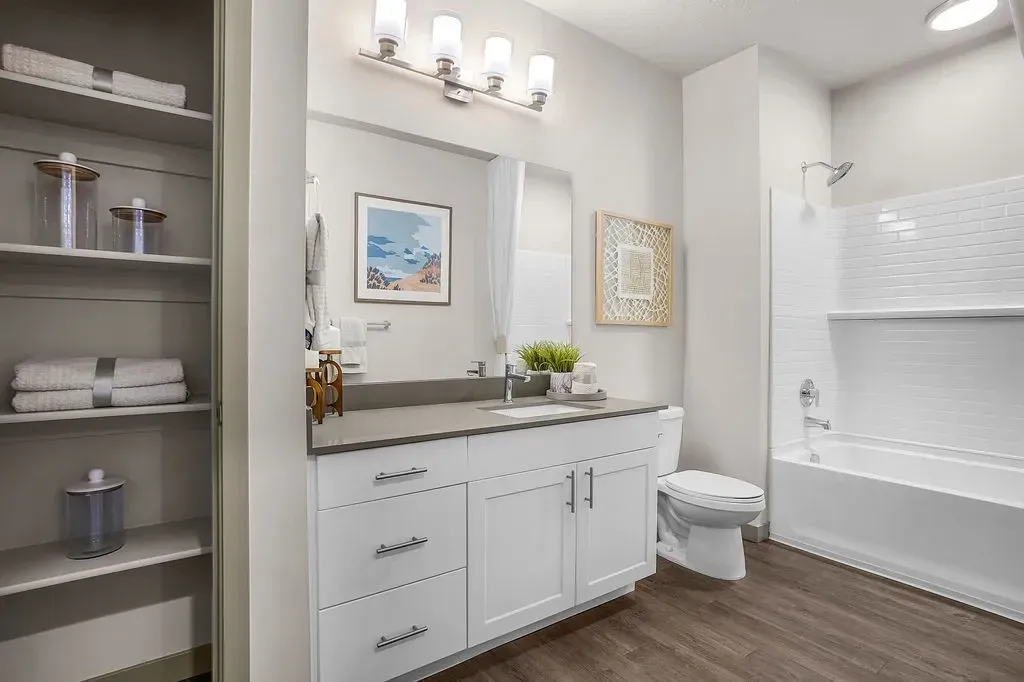 Modern bathroom with vanity, toilet, and shower/tub combo at Valley View, offering apartments in Magna, UT.