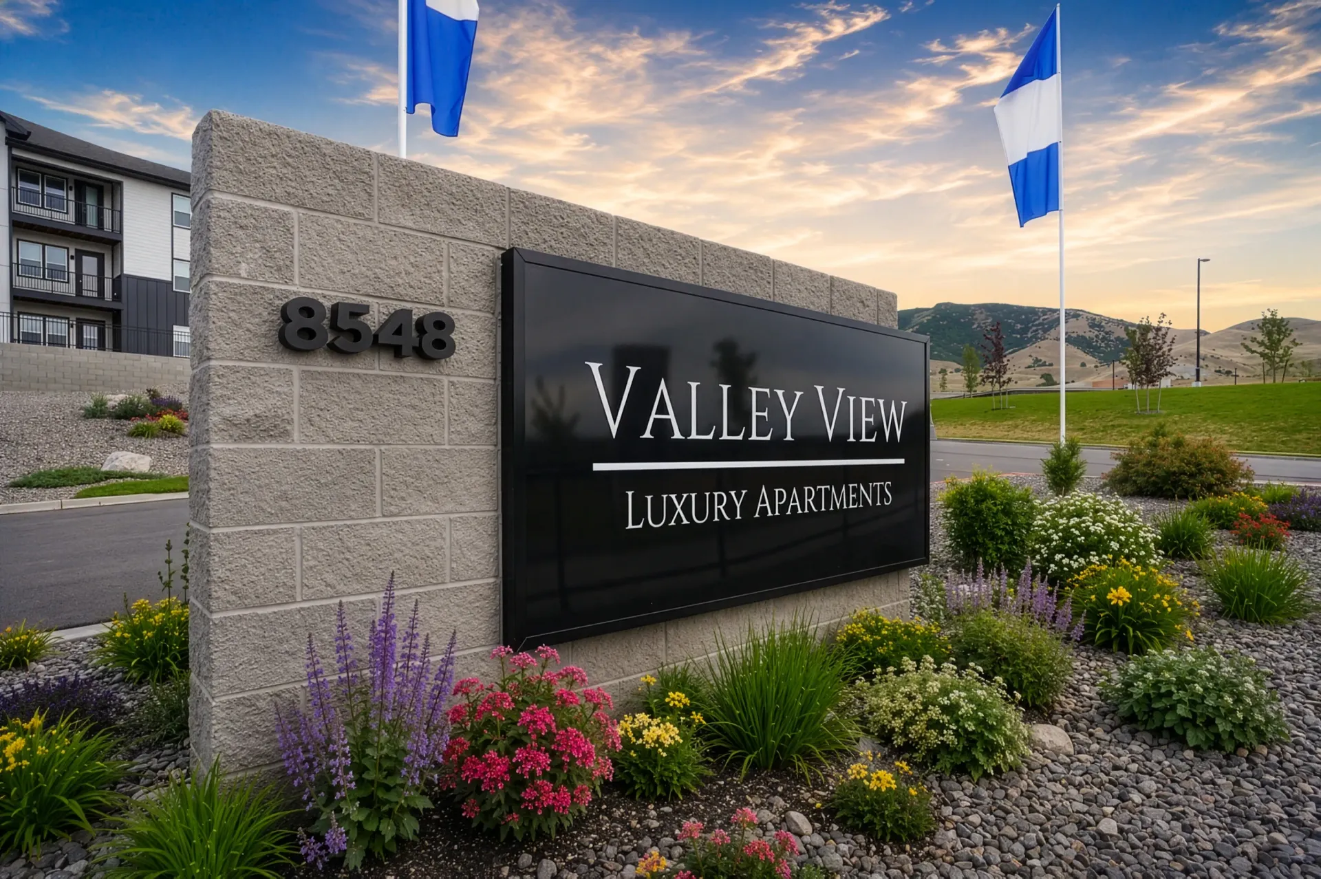 Valley View Luxury Apartments monument sign with address.