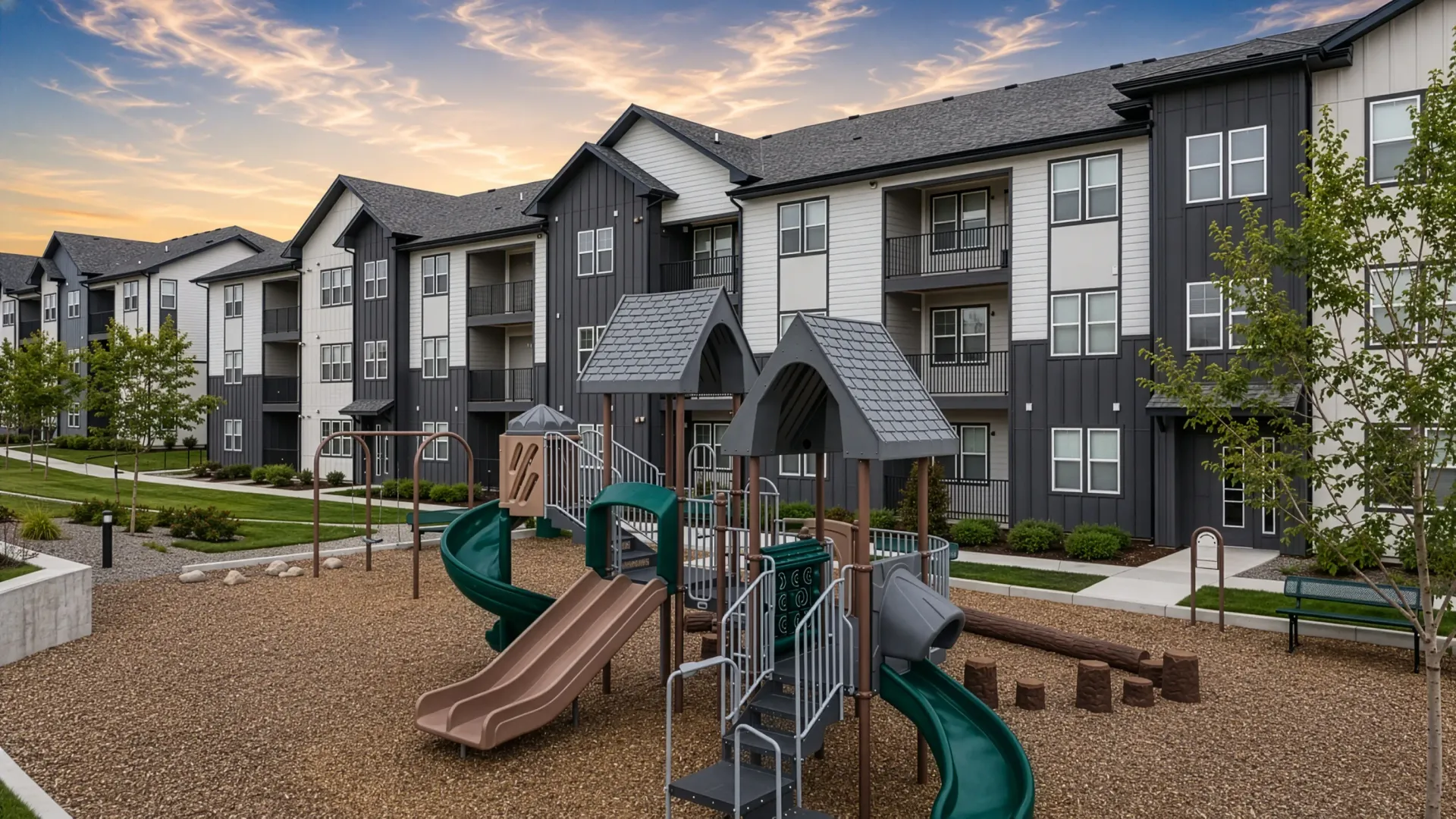 Playground and apartment buildings with a sunset sky at Valley View, offering apartments in Magna, UT.