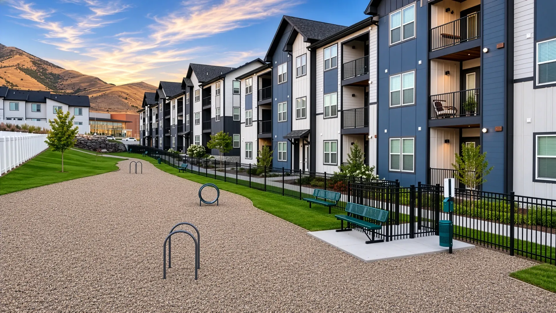 Exterior view of apartment buildings with a dog park and benches at Valley View, offering apartments in Magna, UT.