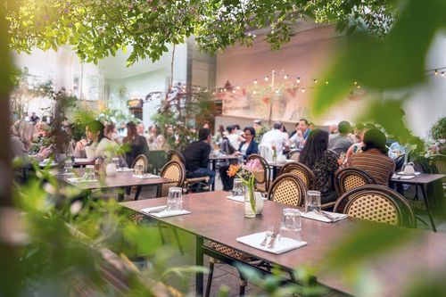 Straßencafé mit Korbstühlen und Gästen, die unter schattigen Bäumen und warmen Lichterketten speisen.