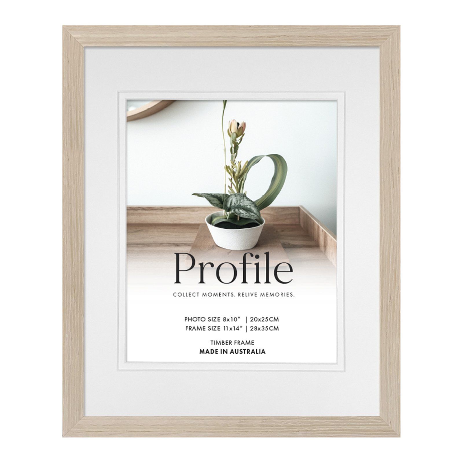 Framed botanical wall print with a potted plant and the word “Profile” on a beige background