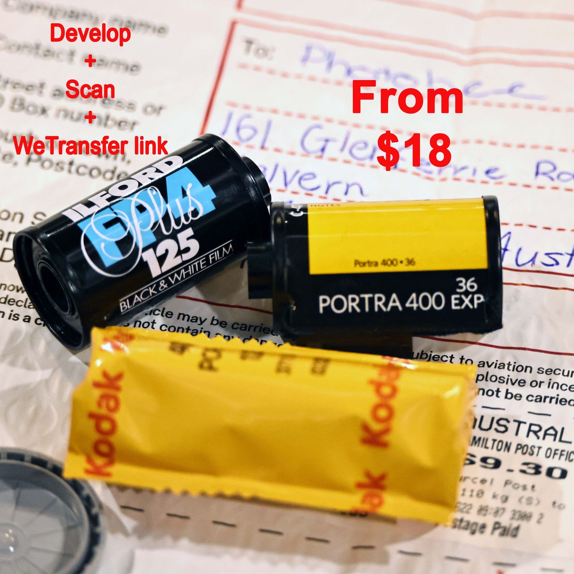 Film strips with family outdoor photos and a yellow AA battery on a white background