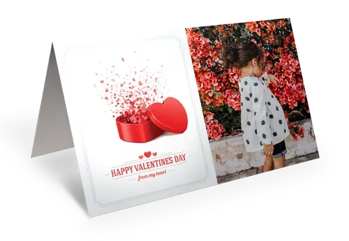 Valentine's Day card with red hearts and a child in a floral photo frame