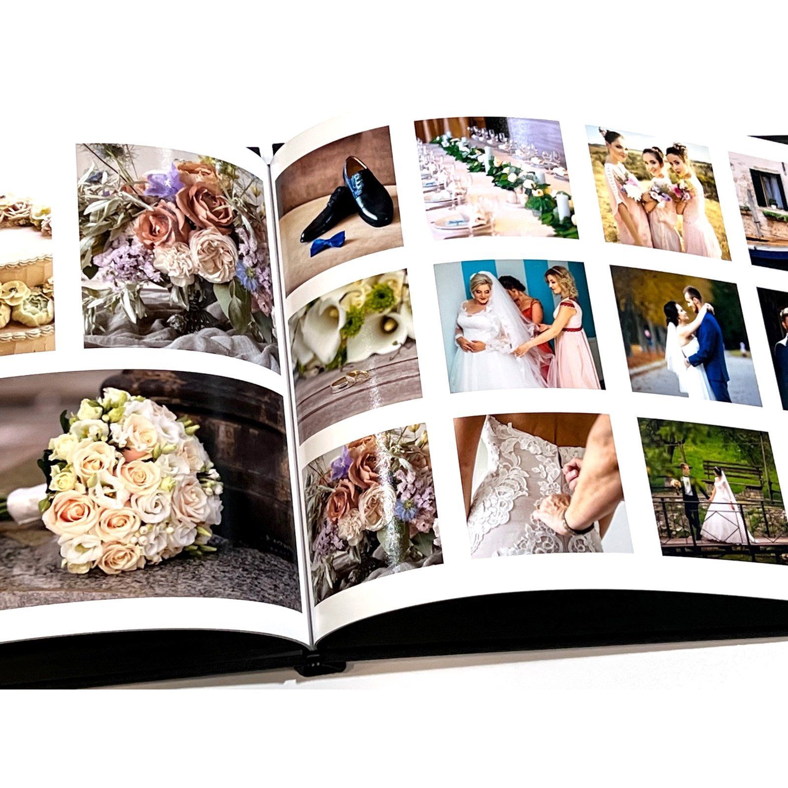 Open wedding photo album with bouquets, bridal portraits, and ceremony scenes